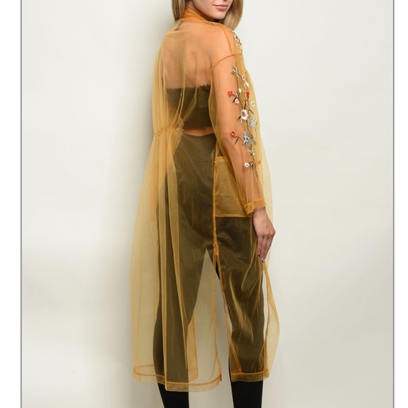 Gold Long sleeve mesh embroidery duster kimono - Picture 3 of 6